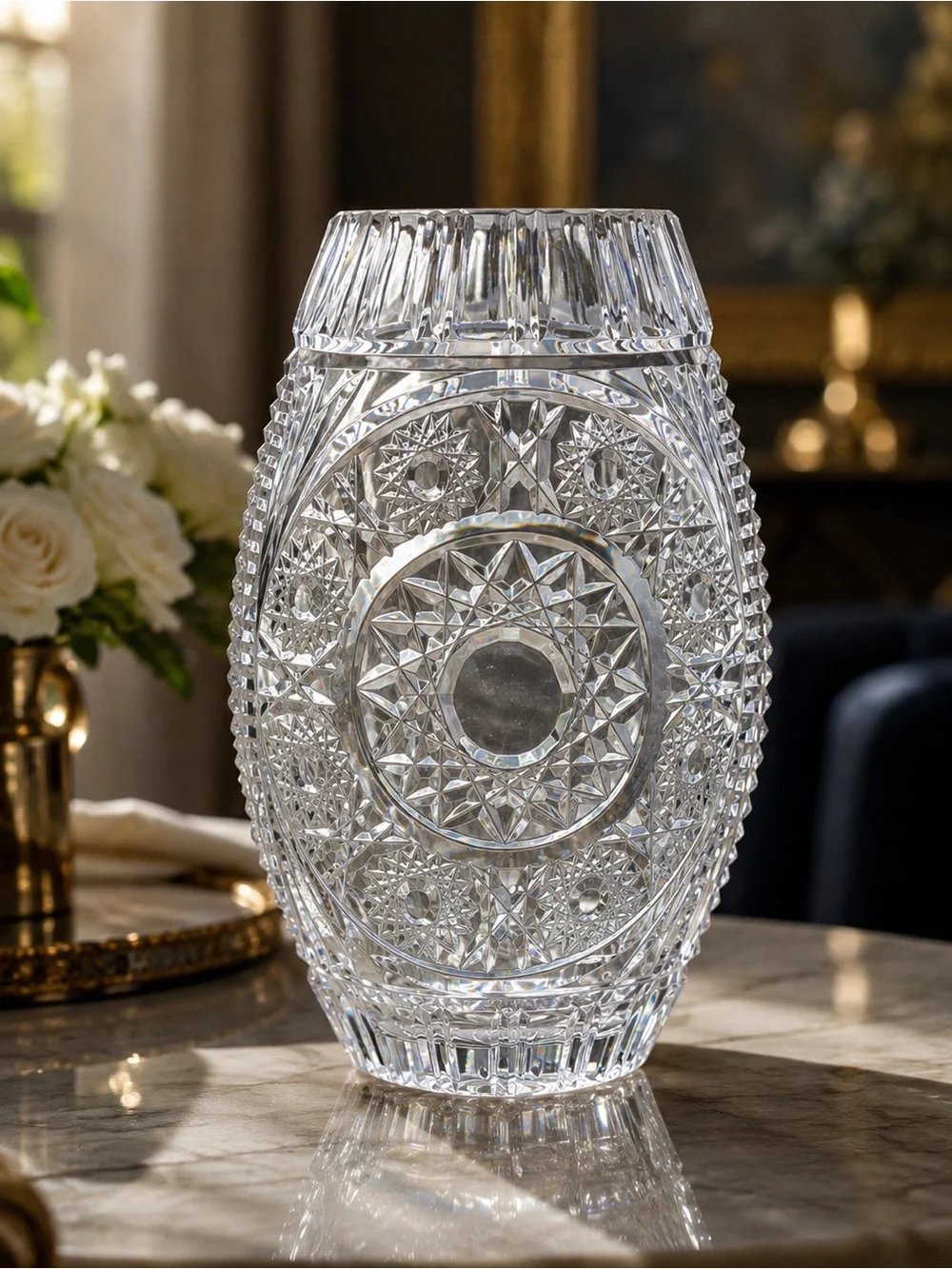 Vtg Bohemian Czech Queen Lace Cut Crystal Vase — Heavy Hobstar & Starburst